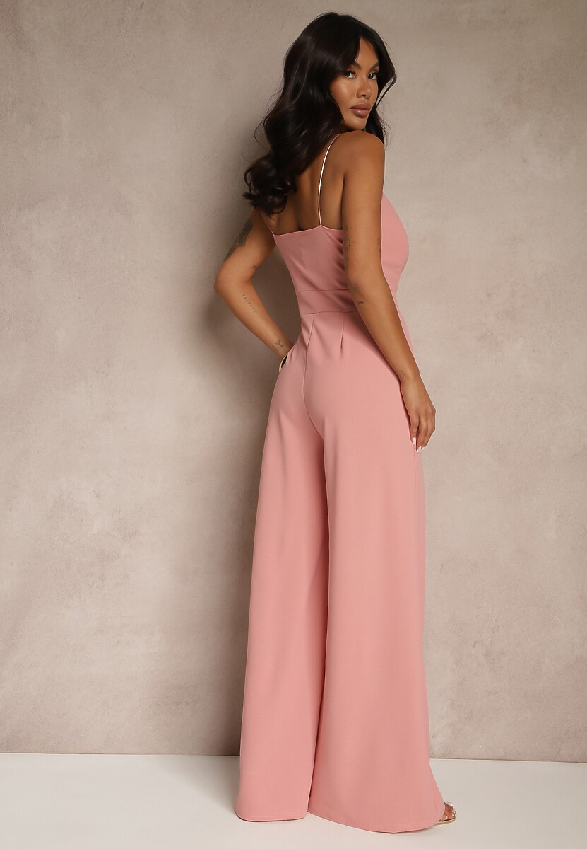 Różowy Kombinezon na Cienkich Ramiączkach z Kopertowym Dekoltem i Szerokimi Nogawkami Jovantia