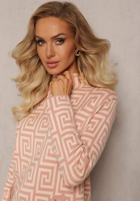 Różowy Sweterkowy Półgolf z Dzianiny o Geometrycznym Motywie i Dodatkowymi Zamkami Vulla