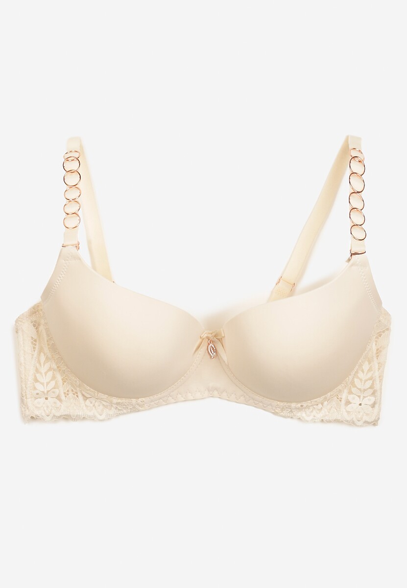 Beżowy Koronkowy Biustonosz z Usztywnieniem i Odpinanymi Ramiączkami Full Cup Maretta