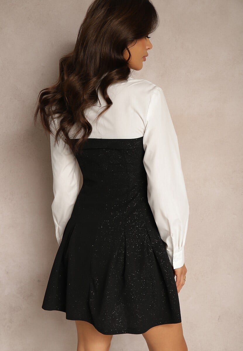 Czarna Rozkloszowana Sukienka Koszulowa Ozdobiona Brokatem i Krawatem Venithea