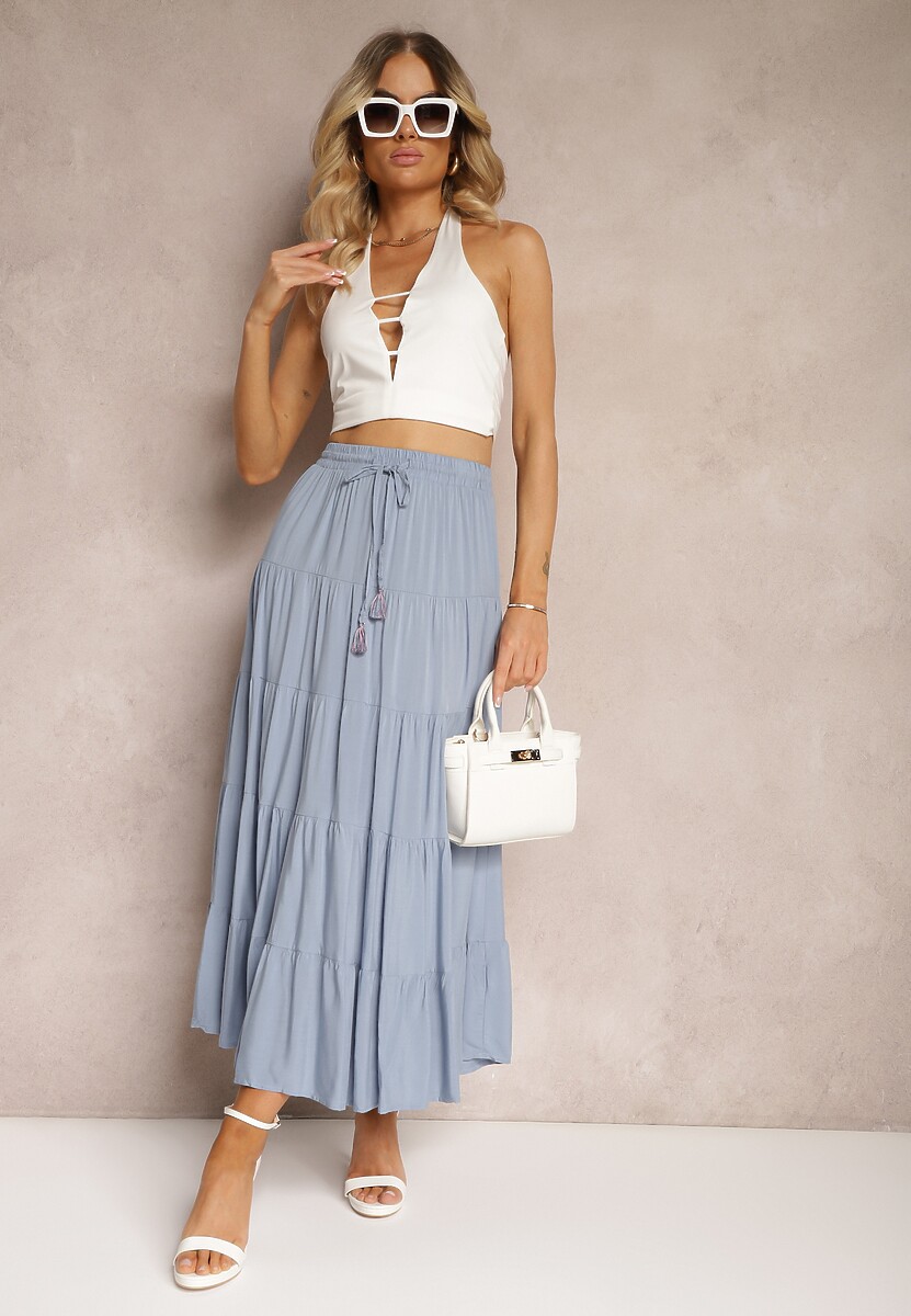 Niebieska Wiskozowa Spódnica High Waist o Rozkloszowanym Kroju z Wiązaniem i Gumką w Talii Leceviana
