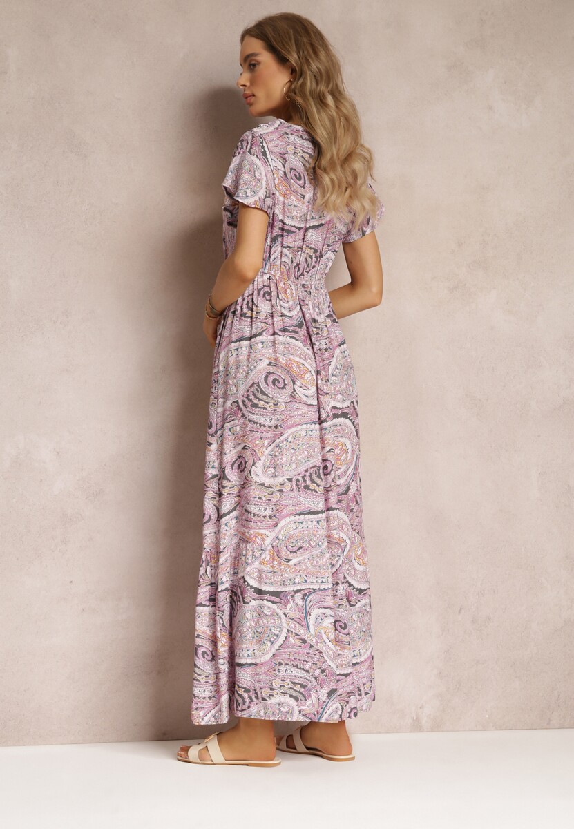 Fioletowa Wiskozowa Sukienka z Gumką w Pasie i Kopertowym Dekoltem  Asima