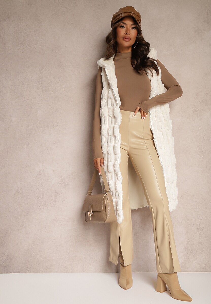 Beżowa Długa Kamizelka z Futerka Zapinana na Suwak z Kapturem Vioresa