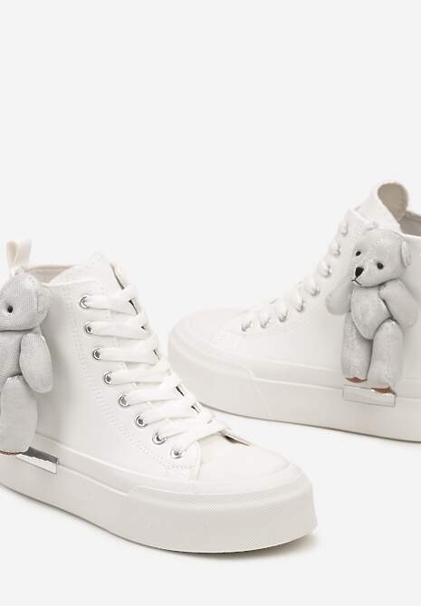 Białe Trampki za Kostkę na Grubej Podeszwie z Aplikacją w Kształcie Misia Ivarina