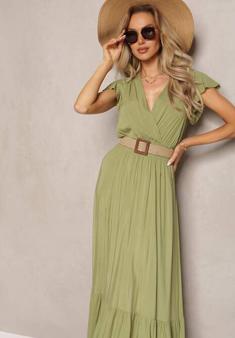 Zielona Rozkloszowana Sukienka Maxi z Bawełny o Kopertowym Kroju Asmerie