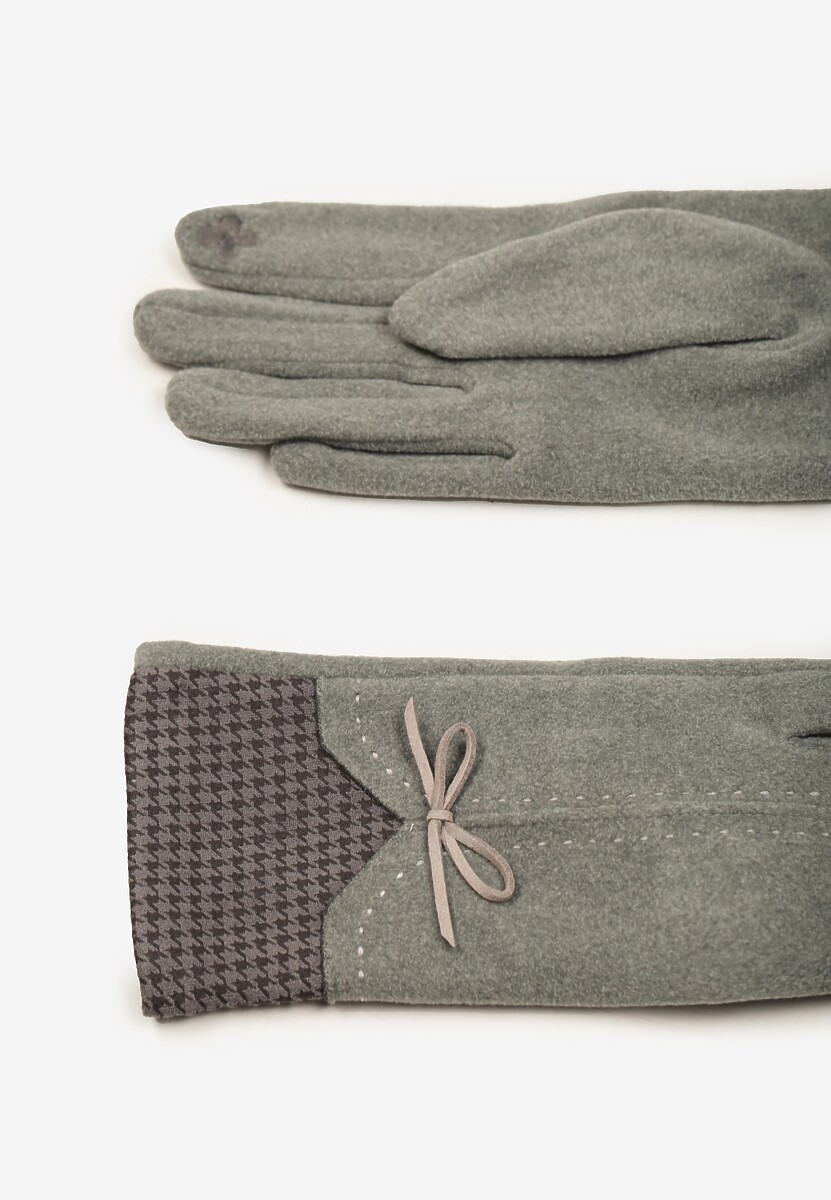 Szare Rękawiczki z Bawełną Cyrkoniami i Kokardką Adelirra