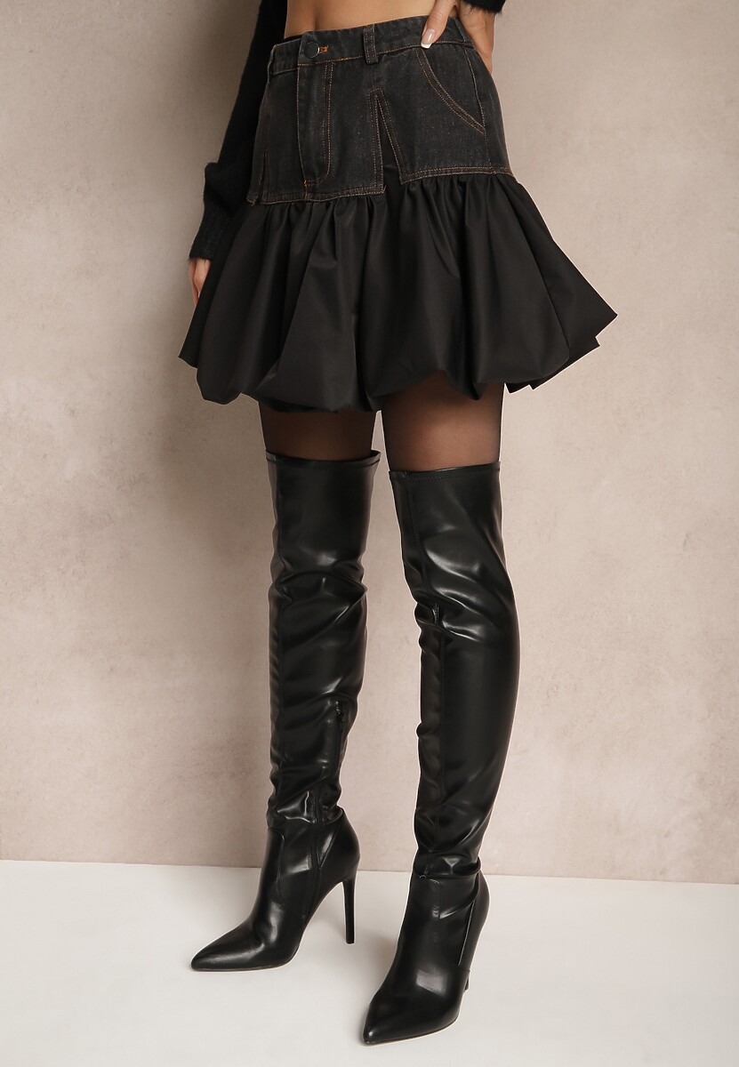 Czarna Spódnica Rozkloszowana Ozdobiona Falbanką i Jeansową Wstawką Norienna