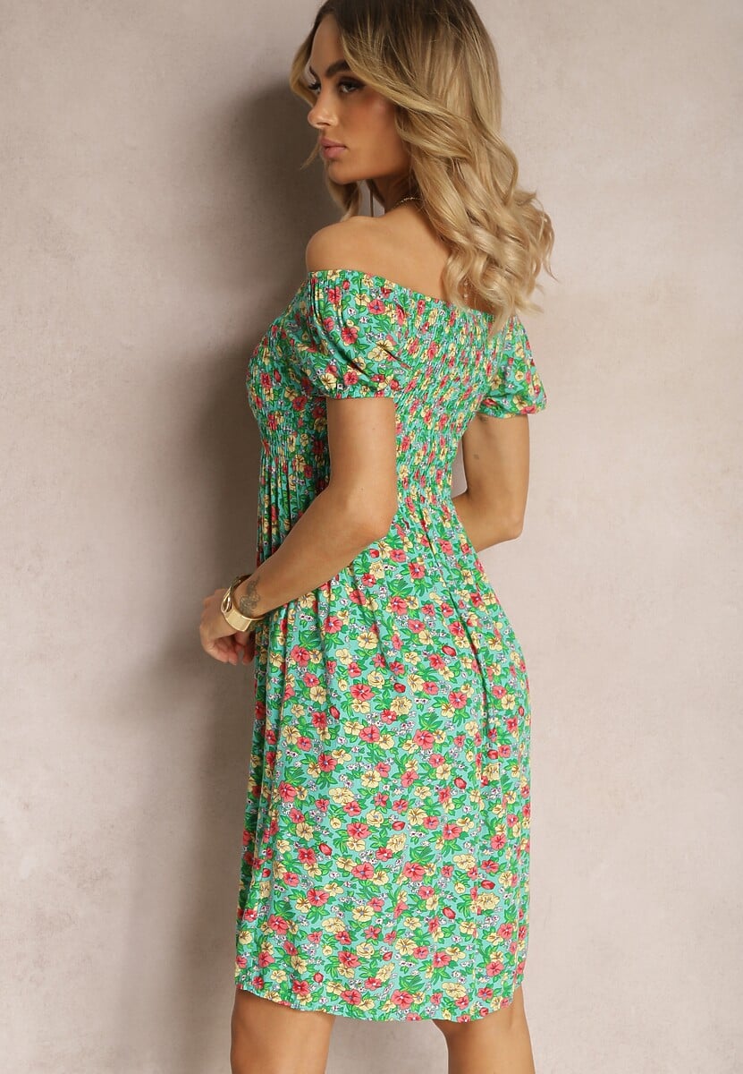 Jasnozielona Wiskozowa Sukienka Hiszpanka w Kwiatowy Wzór Pialara