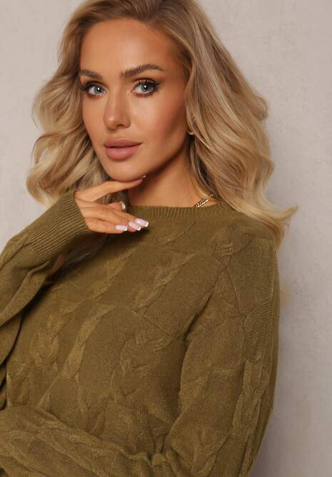 Ciemnozielony Warkoczowy Sweter z Długim Rękawem i Ściągaczami Kaviss