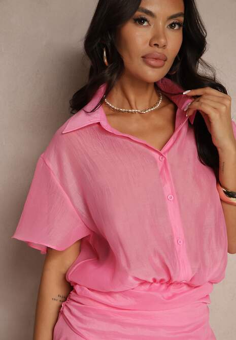 Różowa Sukienka o Koszulowym Kroju z Krótkim Rękawem Zdobiona Falbankami Mirenora