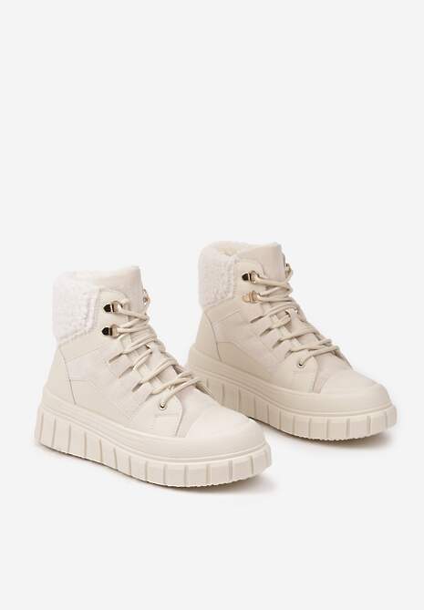 Beżowe Botki na Grubej Podeszwie z Futerkiem Nemda