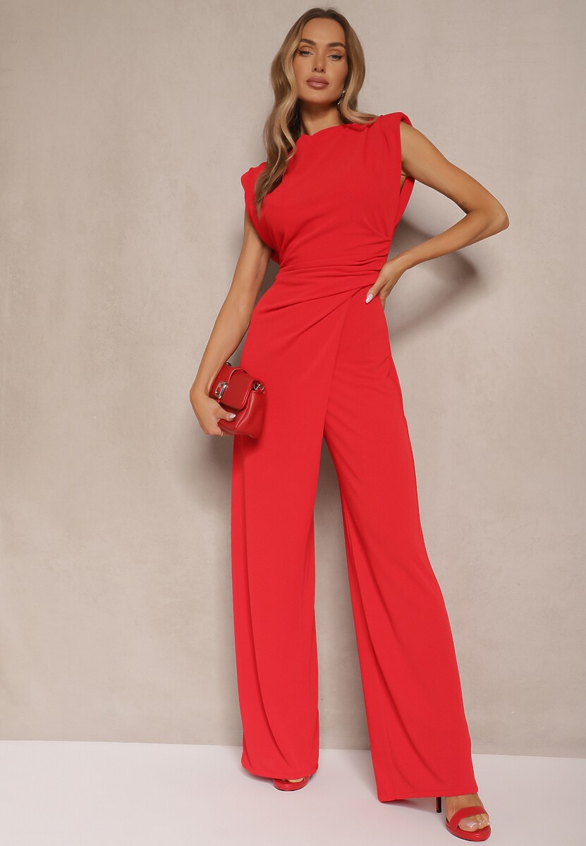Czerwony Kombinezon Bez Rękawów z Szeroką Nogawką i Marszczeniem Sepellia