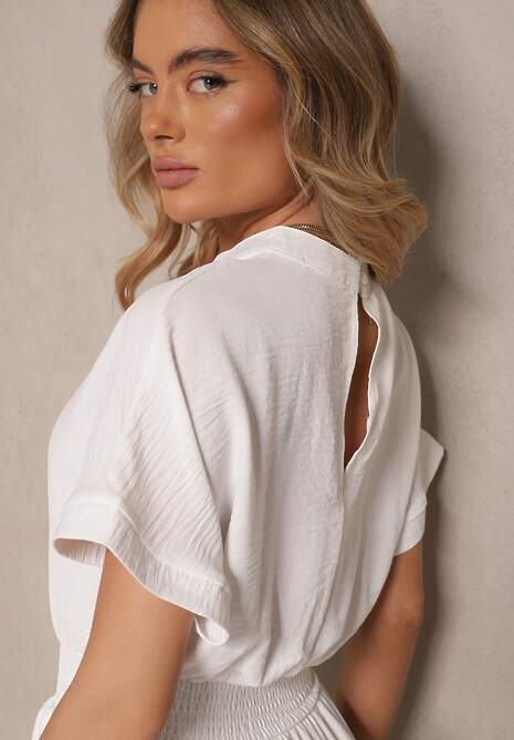 Biały Wiskozowy Kombinezon z Dekoltem w Serek Zapinany na Guziki Anisora