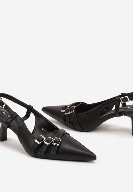 Czarne Czółenka z Noskiem w Szpic na Obcasie Kaczuszce z Dekoracyjnymi Klamrami Sinitte