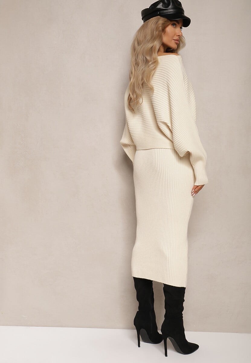 Beżowy Komplet z Wiskozą w Prążki Spódnica z Gumką w Pasie i Góra o Kroju Nietoperza Korttisa