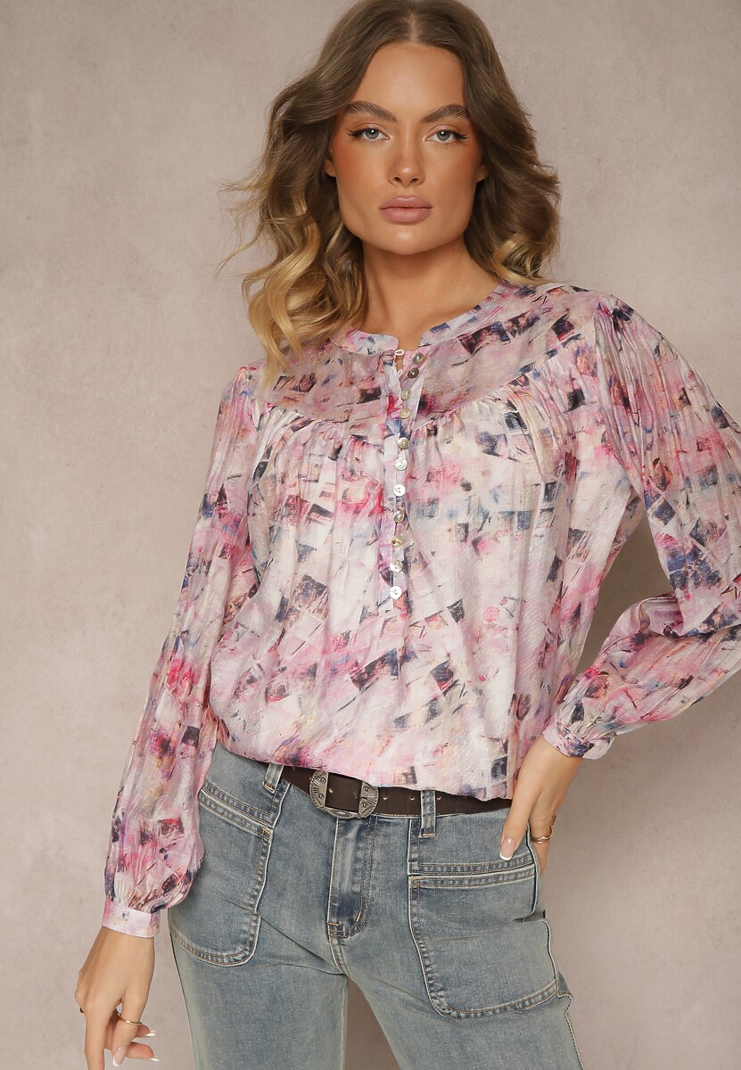 Różowa Bluzka z Wiskozy o Luźnych Rękawach w Abstrakcyjny Wzór Merissta