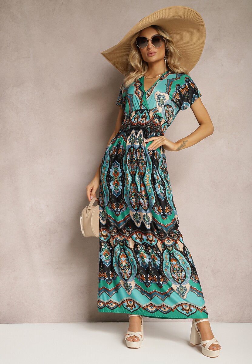 Pomarańczowa Długa Sukienka z Kopertowym Dekoltem i Wzorem Etno z Wiskozy Algrisa