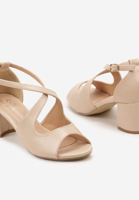 Beżowe Sandały na Słupku z Otwartym Noskiem ze Sprzączką Rapelia