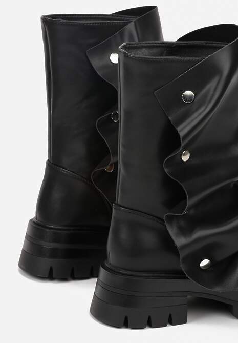 Czarne Marszczone Botki ze Zdobieniem na Napy Tusaera