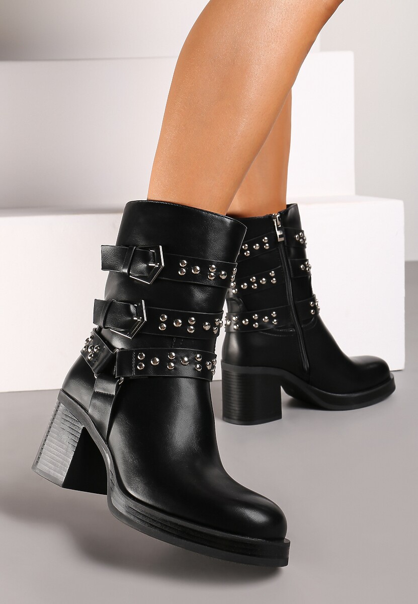 Czarne Botki w Stylu Biker z Licznymi Paskami z Nitami Nirinae