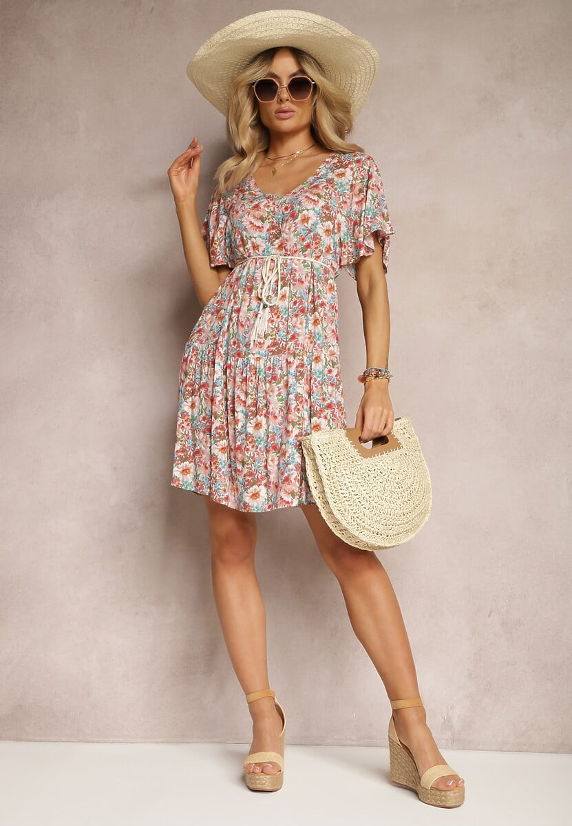 Różowo-Beżowa Wiskozowa Sukienka o Rozkloszowanym Fasonie z Guzikami i Odkrytymi Plecami Watella