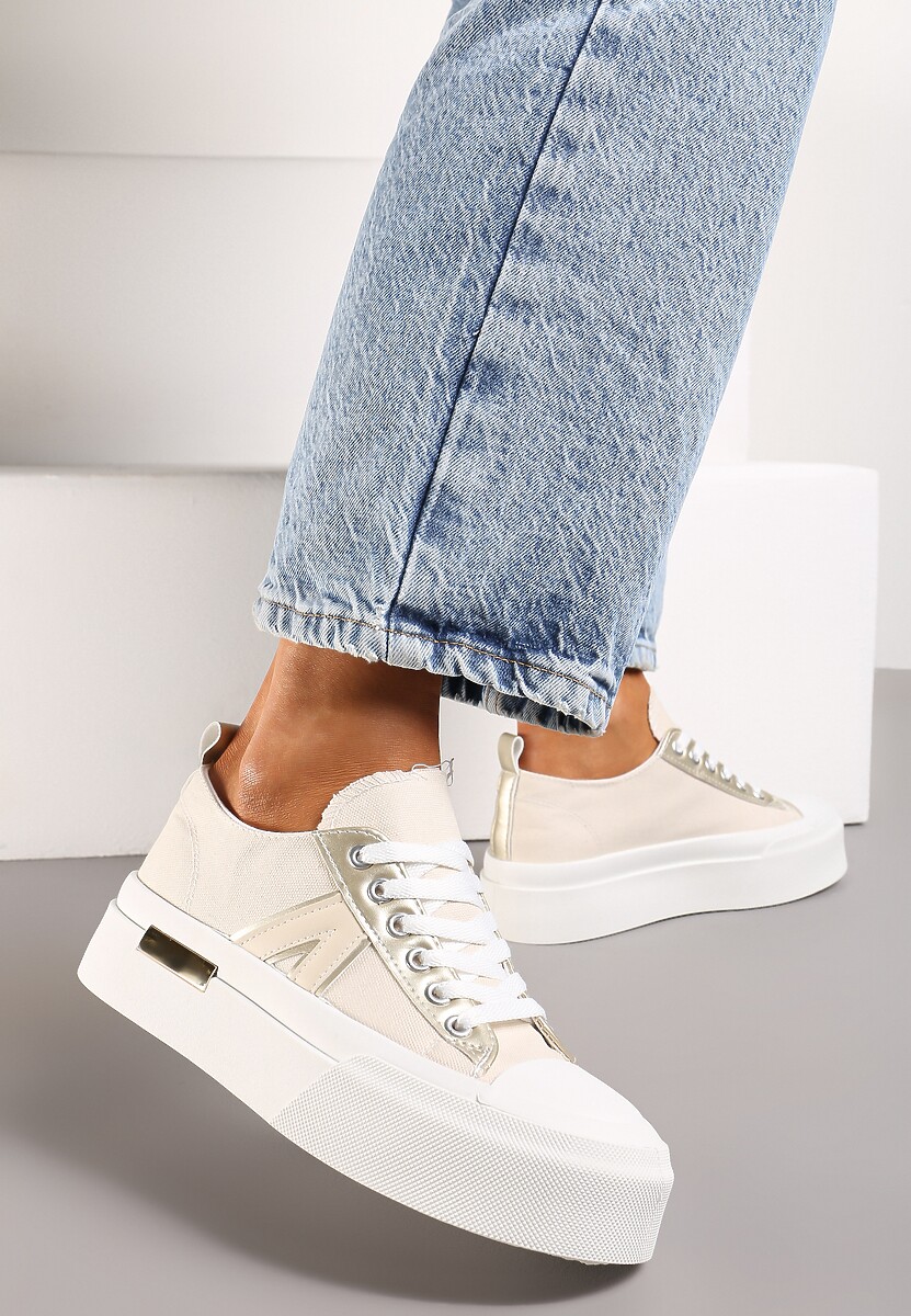 Beżowe Trampki na Grubej Podeszwie Sznurowane Peonema