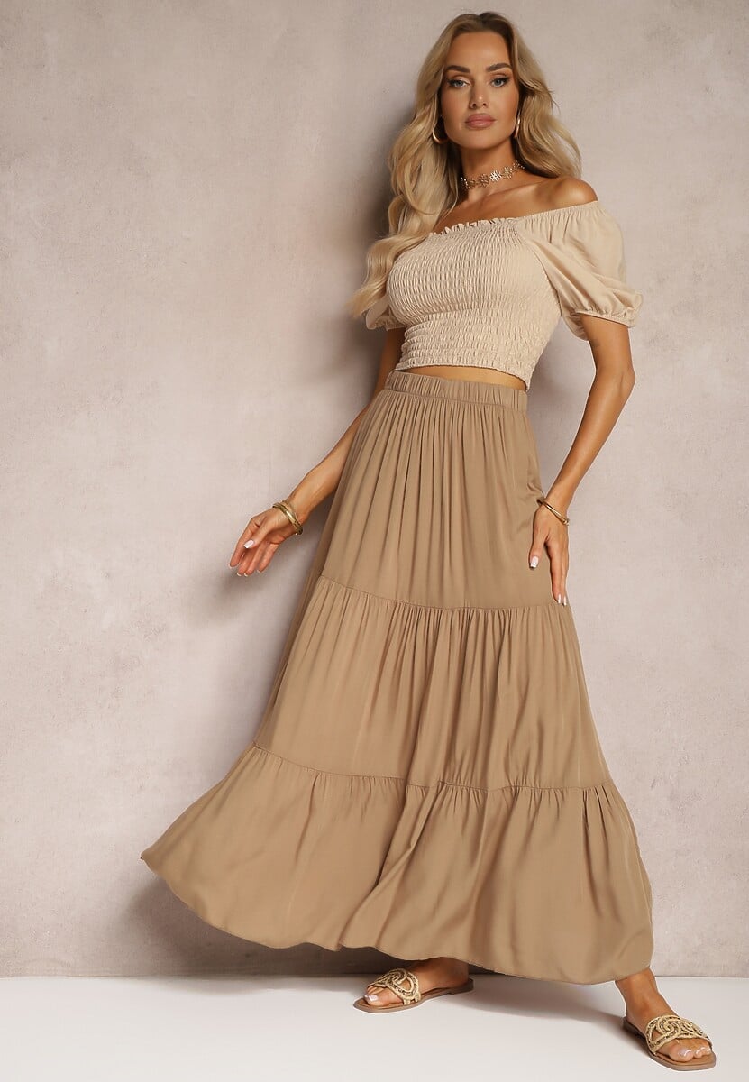 Ciemnobeżowa Wiskozowa Spódnica High Waist z Gumką w Talii i Falbanką Christiara