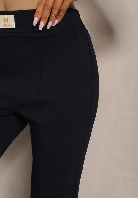 Granatowe Spodnie High Waist z Elastycznego Materiału Wykończone Gumką Rigadona