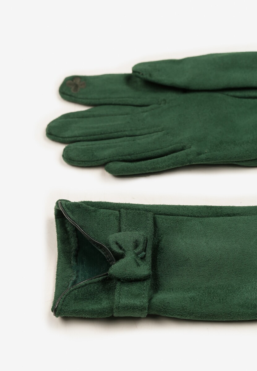 Zielone Rękawiczki Dzianinowe z Bawełną Ozdobione Kokardą Tessemi