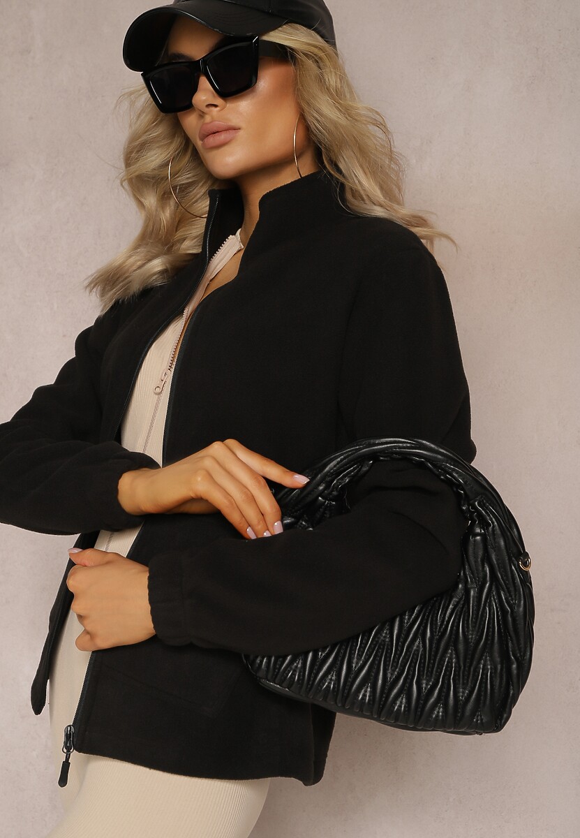 Czarna Bluza na Suwak Ocieplana Polarem z Kołnierzem Imerulia