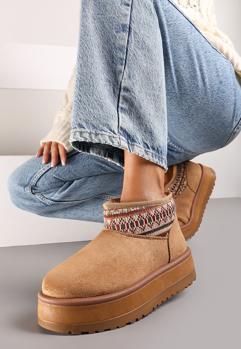 Brązowe Śniegowce na Wysokiej Platformie Ozdobione Wzorzystą Wstawką Sinalora