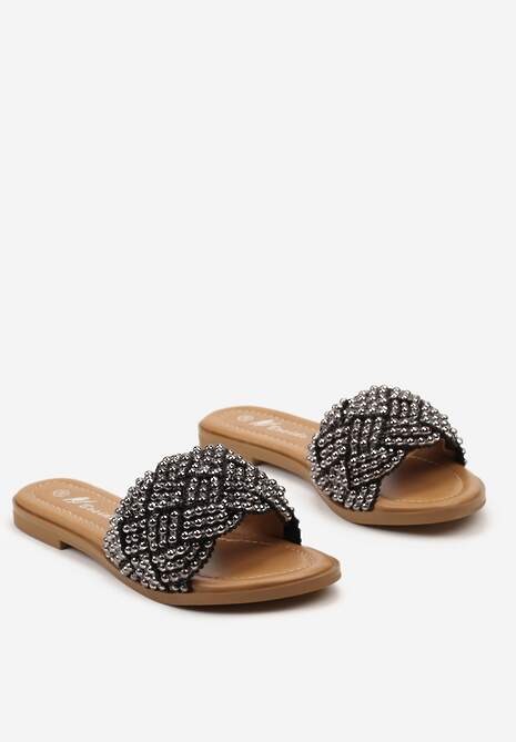 Czarne Płaskie Klapki z Elegancką Plecionką z Koralików Waldase