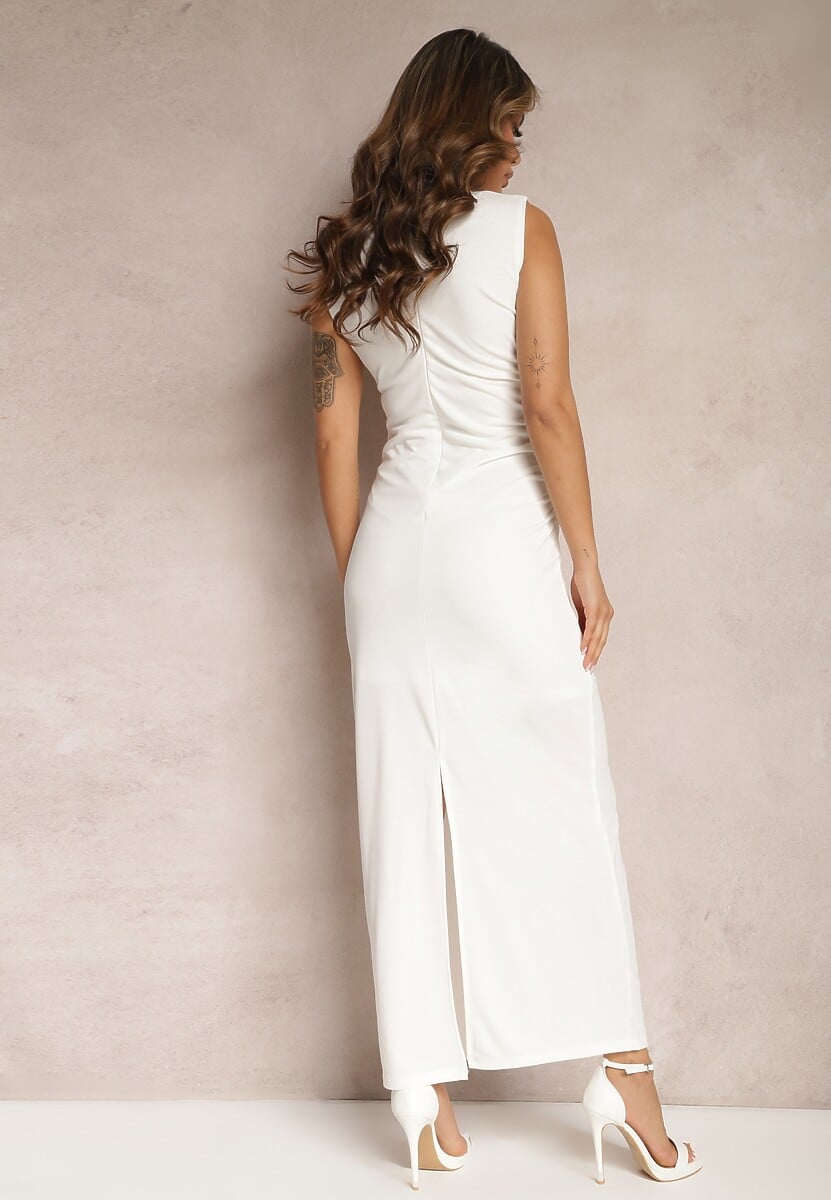 Biała Dopasowana Sukienka Maxi z Marszczeniami Aeriessa