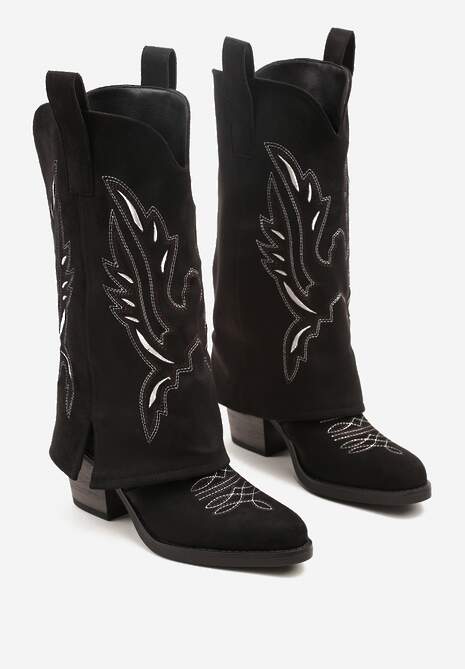 Czarne Kozaki w Stylu Kowbojek na Słupku z Haftem i Wywiniętą Cholewką Emmiste