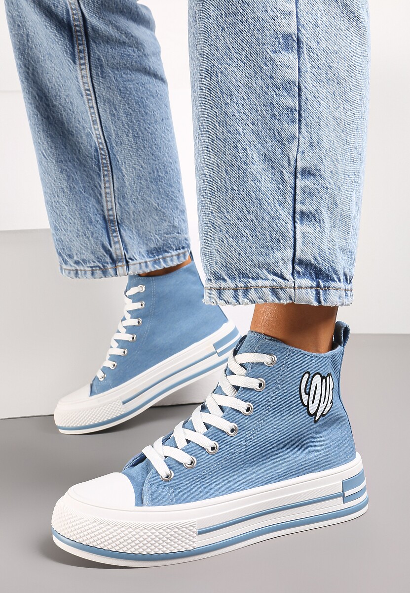 Niebieskie Sznurowane Trampki za Kostkę z Naszywką z Napisem i Grubą Podeszwą Bretva