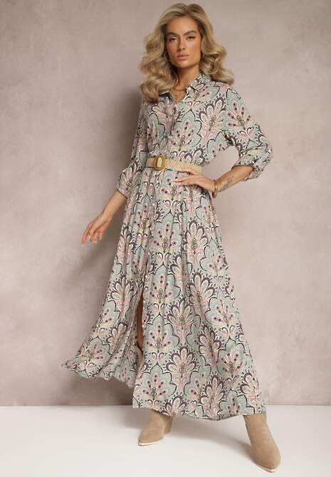 Miętowo-Różowa Koszulowa Sukienka z Dodatkowym Paskiem i Podpinanymi Rękawami Alonie