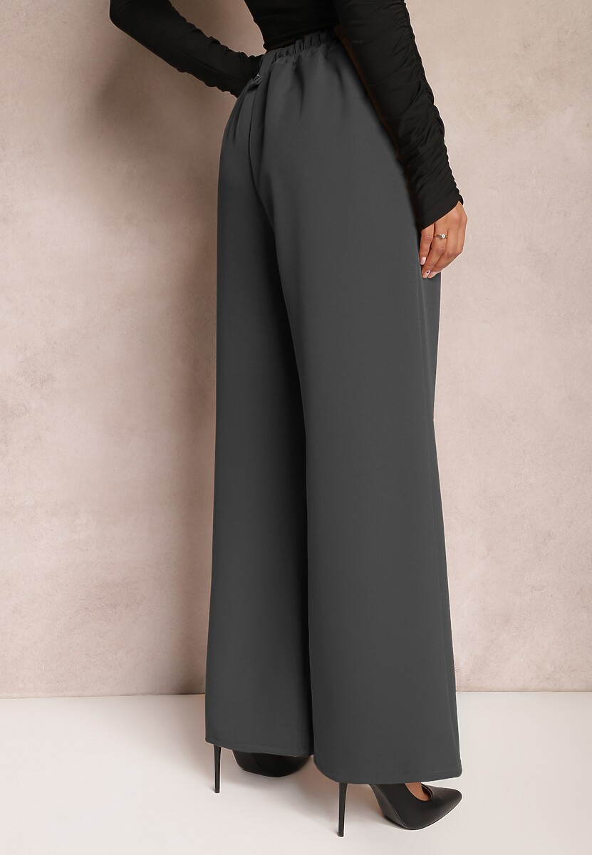 Ciemnoszare Eleganckie Spodnie Dzwony z Ozdobnymi Patkami w Pasie Nattas