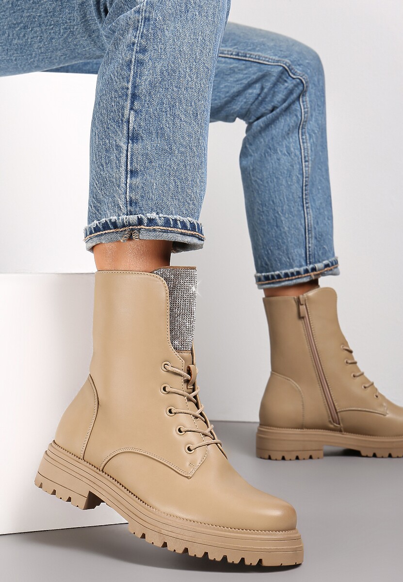 Ciemnobeżowe Botki Workery z Brokatowym Językiem Minoso