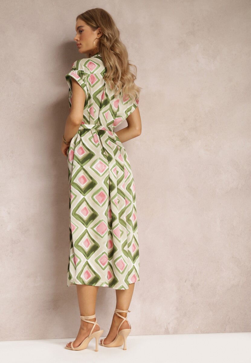 Zielona Wzorzysta Sukienka Midi w Koszulowym Stylu z Materiałowym Paskiem Emelitta