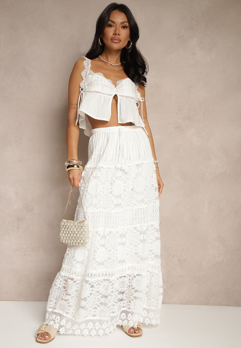 Biała Spódnica z Bawełną i Koronką Voreda