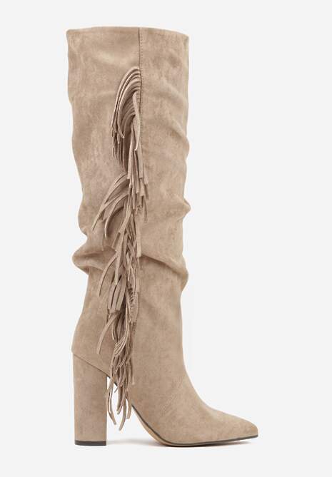 Ciemnobeżowe Kozaki Kowbojki na Słupku z Frędzlami na Cholewce Badina