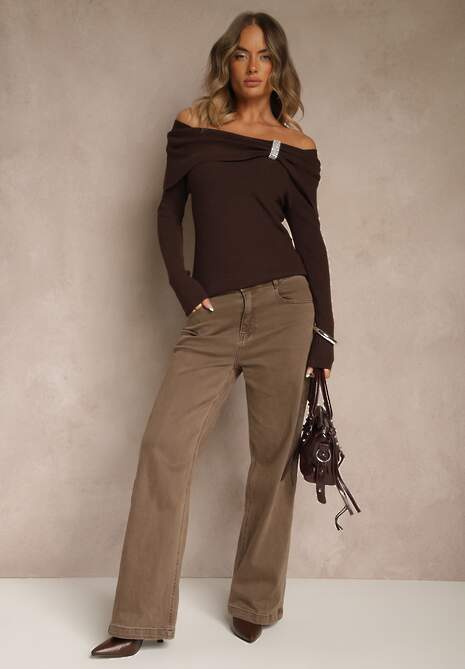 Brązowy Sweter z Wiskozą i Ozdobą z Cyrkonii Mirrise