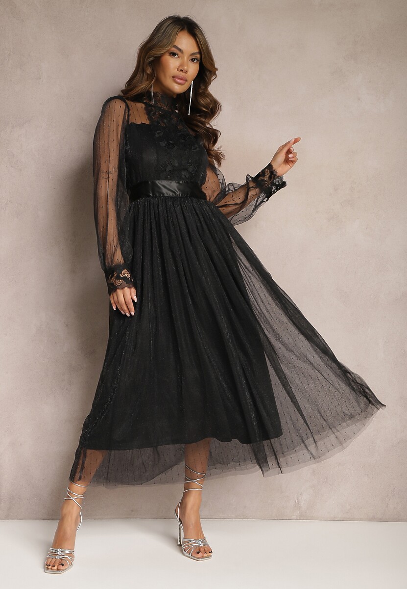 Czarna Siateczkowa Sukienka Maxi o Rozkloszowanym Kroju z Ozdobną Koronką Narile