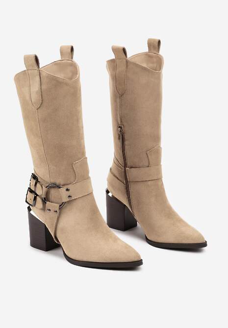 Ciemnobeżowe Kozaki Kowbojki w Stylu Bikerów na Słupku Ansabelle