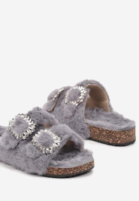 Niebieskie Kapcie na Płaskiej Podeszwie z Futerkiem Cyrkoniami i Klamrami z Regulacją Arvela