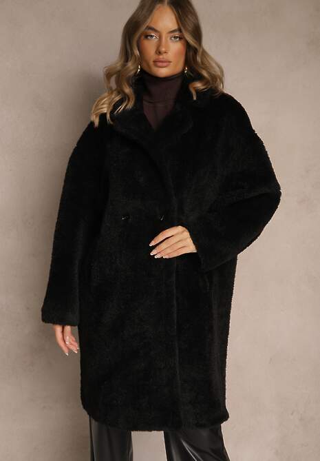 Czarny Płaszcz Teddy o Dwurzędowym Kroju Oversize Azzena