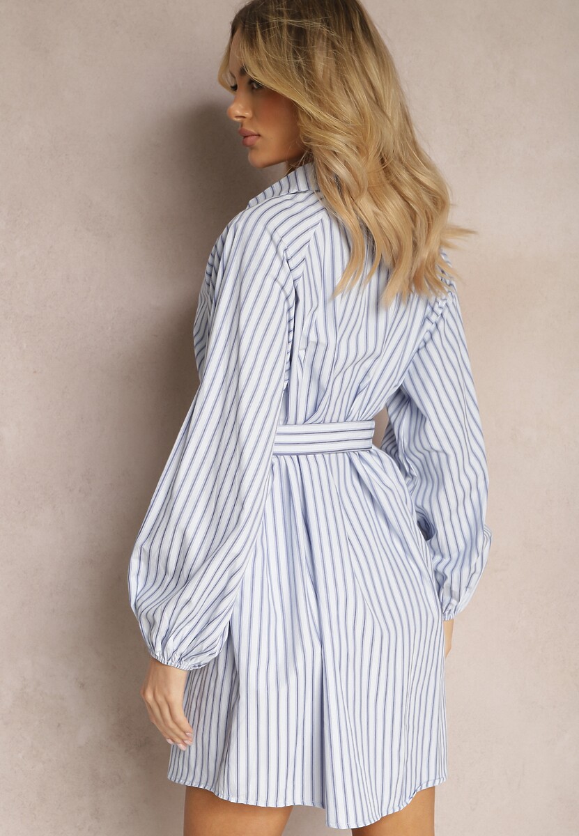 Niebiesko-Biała Taliowana Sukienka Koszulowa w Ozdobne Paski Lasenella