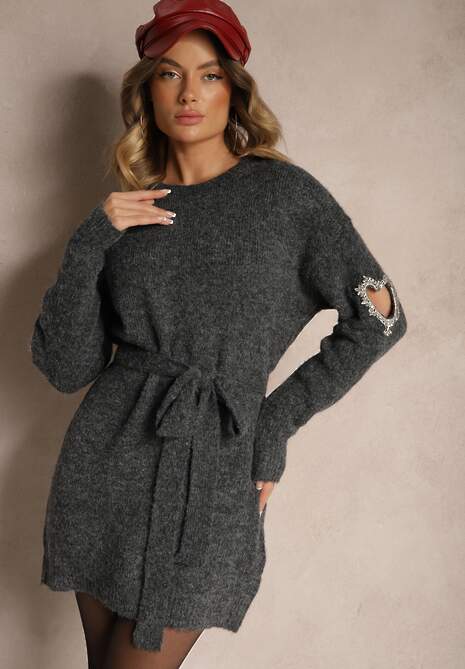 Ciemnoszara Sukienka Sweterkowa z Wełną Ozdobiona Cyrkoniami Paskiem i Wycięciami Zolida