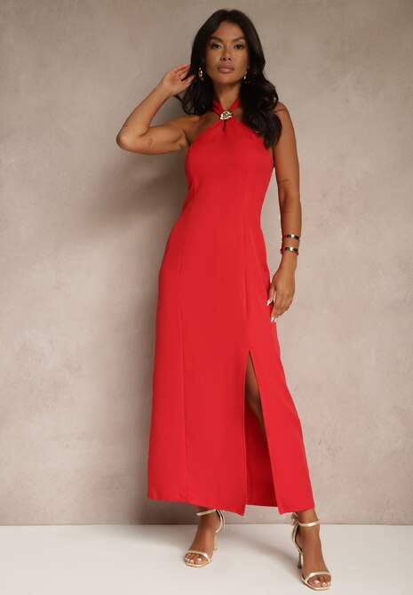 Czerwona Sukienka z Wiskozą z Dekoltem Halter i Ozdobną Broszką Naliannae