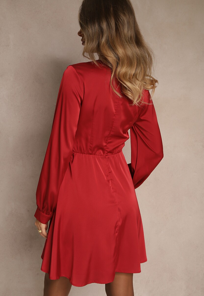 Czerwona Kopertowa Sukienka VICES z Satyny z Bufiastymi Rękawami Anevite